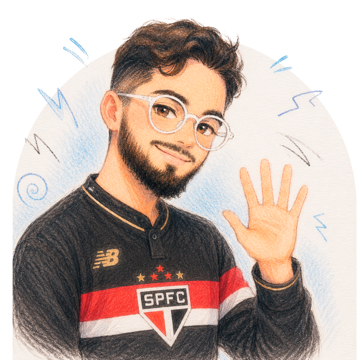 Ilustração de Paulo Morais usando camisa do São Paulo Futebol Clube